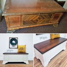 three different pictures of a coffee table with drawers and pillows on it, including the top one