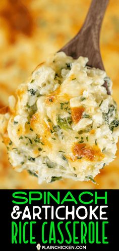 spinach and artichoke rice casserole on a spoon with text overlay