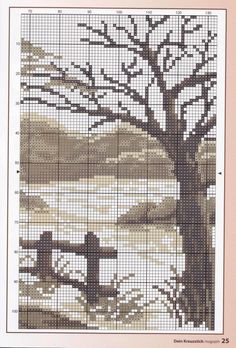 a cross stitch pattern with a tree in the foreground and a river behind it