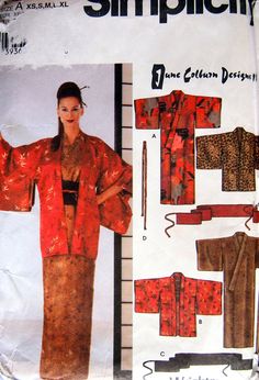 This is an uncut sewing pattern only.  It is not a kit or a completed project.  The pattern is from 2002 by Simplicity.   It has some shelf wear but overall it is in fair condition. CONDITION ISSUE: The outer pattern envelope is banged up but the inner contents are in good shape. Pattern sizes are 6 to 24. Body Measurements Bust 30-1/2 to 46 inches Waist 23 to 39 inches Hip - 9 inches below waist 32-1/2 to 48 inches Back - neck to waist 15-1/2 to 17-1/2 inches  It will be shipped first class USP Haori Pattern, Outer Pattern, Kimono Sewing Pattern, Obi Sash, Japanese Costume, Pajama Pattern, Tie Pattern, Kimono Pattern, Pattern Sewing