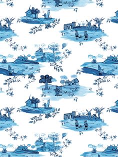 a blue and white wallpaper pattern with houses