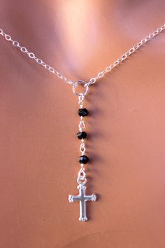 "This is a petite rosary inspired necklace made of 2.5mm faceted black spinel beads. This dainty necklace is made of 925 sterling silver chain and comes in a 16\", 18\", 20\" or 22\". The length is the measurement around the neck, it does not include the drop. Priced accordingly, you choose size. A small cross charm measures 1/2\" and hangs from drop. Total drop measures 1 1/2\" with cross. Spring clasp sits at back. This necklace also comes in other gemstones. see last picture. May be ordered i Rosary Inspired Necklace, 14kt Gold Jewelry, Cross Charm Necklace, Silver Rosary, Cross Necklace Women, Clean Sterling Silver, Necklaces Women, Inspired Necklace, Rosary Necklace