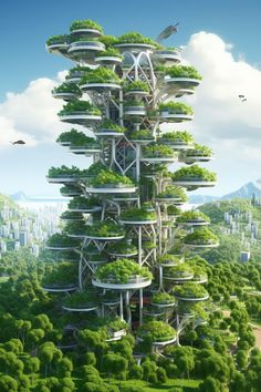 a tall building with trees growing on it's sides in the middle of a forest