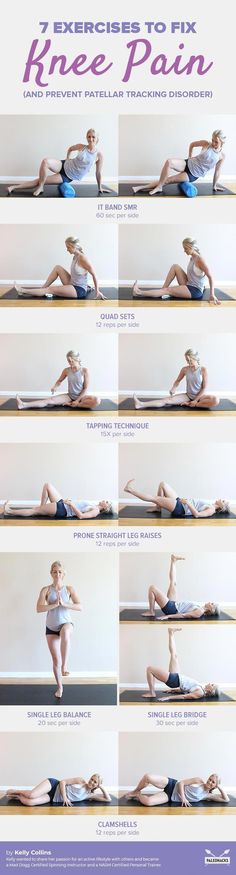 an image of a woman doing yoga poses with the text, 7 exercises to fix knee pain