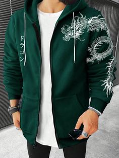 Loose Fit Men's Chinese Dragon And Letter Printed Zipper Hoodie With Drawstring Dark Green Casual  Long Sleeve Fabric Animal,Letter,Textured Pattern Zip Up Slight Stretch  Men Clothing, size features are:Bust: ,Length: ,Sleeve Length: Slim Fit Top, Elegant Dresses Long, Chinese Dragon, Women Midi, Zip Up Hoodies, Boho Women, Classy Women, Zipper Hoodie, Men Clothing