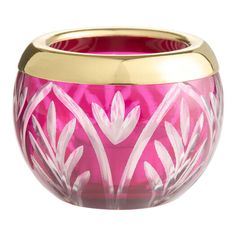 a pink vase with white flowers painted on the outside and gold rims, set against a white background