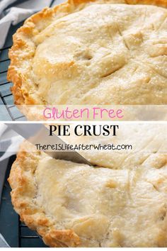 a pie crust on a cooling rack with a spatula in it and the text gluten free pie crust