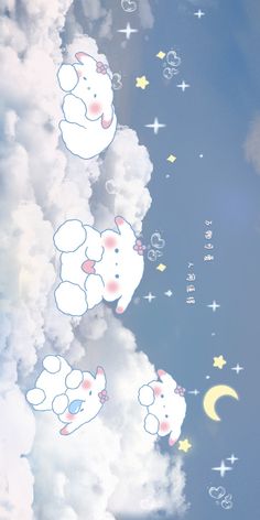 three white sheep floating in the sky with stars and crescents on it's back