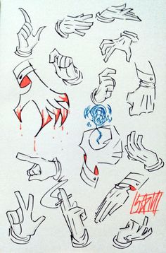 some drawings on paper with red and blue ink