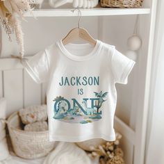 Celebrate your little one's special day with our Personalised Dinosaur Themed Birthday T-Shirt!  Perfect for your little ones special day! Handmade using heat transfer process in which the design is printed directly into the material, without the use of any transfers or vinyl, for a vibrant and permanent finish. -Soft and breathable 65% cotton & 35% soft polyester, each garment is super soft and comfortable for your little one to wear. -Made using the submilation process, a process in which the Dinosaur First Birthday, Birthday Kids, Dinosaur Party, 1st Boy Birthday, Baby Grows, 2nd Birthday, First Birthday, Kids Clothing, Heat Transfer