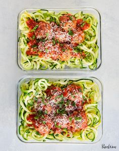 two plastic containers filled with pasta and sauce