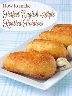 some food is on a white plate and has a speech bubble above it that says how to make perfect english style roasted potatoes