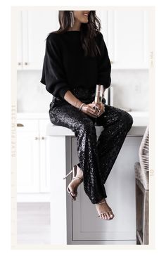 Amazon New Years Outfit, Black Sequin Pants Outfit Holiday, Black Sequin Joggers Outfit, Holiday House Party Outfit, Black Holiday Outfits, Black New Years Outfit, Casual Cocktail Attire For Women