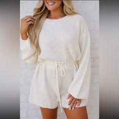 Nwt! Sweater Knit Drawstring Romper-Cream. Cream Sweater Knit Romper Gathered Waist Flattering Waist Tie Closure Chunky Sweater Knit Material Back Button Closure 100% Acrylic 2.5" Inseam Model Is 5'6" With A 34" Bust, A 27" Waist, And 36" Hips Wearing A Size S/M. Size Rec: 0-4:5/M, 6-10:M/L Cream Knit Sweater For Loungewear, Knit Romper, Knitted Romper, Moving Sale, Cream Sweater, Chunky Sweater, Sweater Knit, Knitting Materials, Waist Tie