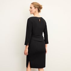 A long-sleeved spin on our beloved Maisie dress , the Maxine features a wide boat neck, decorative waist draping, commute-ready 4-way stretch, and slitted sleeves that are ready for cool weather (or cold offices). We also added a keyhole button closure at the back neck, making it easier to get on and off. This piece has been treated with Polygiene®, an anti-odor finish. The fabric won’t hold smells, so you can wear your piece multiple times before tossing it in the washing machine. Learn more ab Elegant Long Sleeve Midi Dress With Fitted Waist, Elegant Midi Dress With Pleated And Fitted Waist, Elegant Fall Midi Dress With Pleated Back, Elegant Dresses With Draped Sleeves For Fall, Elegant Dresses With Fitted Waist For Fall, Chic Formal Dress With 3/4 Sleeves, Elegant Fall Dresses With Draped Sleeves, Elegant Fall Dresses With Fitted Waist, Ruched Long Sleeve Midi Dress With Fitted Bodice