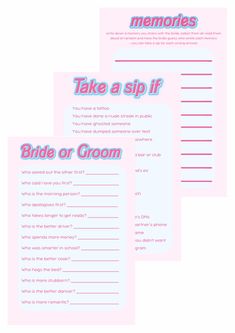 three pink and white printables with the words, take a sip if bride or groom