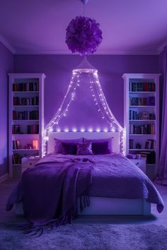 a bedroom with purple lighting and a bed in the middle is lit up by fairy lights