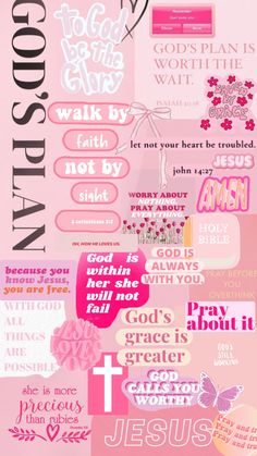 a collage of different types of stickers on pink paper with the words god's plan, walk by faith, not by sight