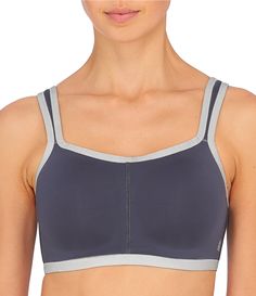 From Natori, this convertible sports bra features:Coolmax fabrication keeps you cool & wicks sweat to keep you dryultra-lightweight, full coverage foam-lined cups with underwire supportstraps convert to crisscross positionadjustable wide rigid straps have extra supportseamless, convertible underwire sports bracushioned hook & eye back closureCoolmax polyester/lycra spandexhand washImported. Gray 4-way Stretch Sporty Sports Bra, Sporty Gray Sports Bra With 4-way Stretch, Sporty Gray 4-way Stretch Sports Bra, Gray Nylon Sports Bra For Sports, Gray Nylon Sports Bra, Gray Nylon Sports Bra With Light Support, Functional Activewear With Removable Bra Pads For Sports, Nylon Activewear With Removable Bra Pads For Gym, Sporty Sports Bra With Removable Pads