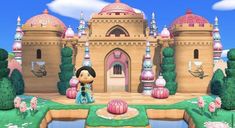 an animal crossing game with a castle in the background