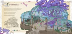 an illustration of a glass house with purple flowers in it