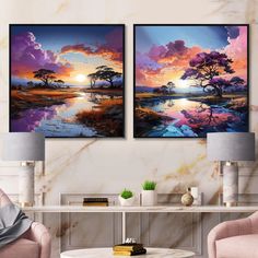 two paintings are hanging on the wall in a living room with pink chairs and a coffee table