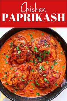 chicken paprikash in a skillet with the title above it