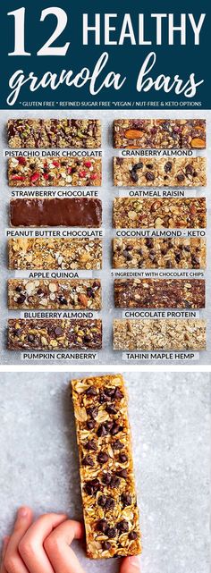 an image of granola bars with text overlaying the top that says, 12 healthy granola bars