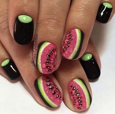 Watermelon nails Trendy Nail Art Summer, Fruit Nail Designs, Fruit Nail, Fruit Nail Art, Watermelon Nails, Nail Design Video, Short Nails Art, Best Nail Art Designs, Coffin Nails Long