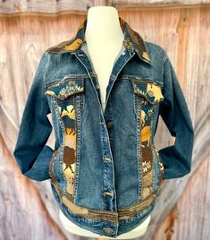 Custom Order-denim Jacket With Buffalo Accents - Etsy Fitted Brown Denim Outerwear, Fitted Medium Wash Outerwear With Patchwork, Medium Wash Fitted Patchwork Outerwear, Fitted Medium Wash Patchwork Outerwear, Fitted Cotton Outerwear With Patches, Fitted Medium Wash Outerwear With Patches, Fitted Outerwear With Patches, Buffalo Pattern, Womens Jackets