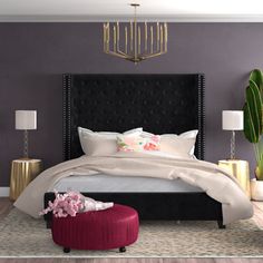 a bedroom with purple walls and white bedding in the center, along with a red ottoman