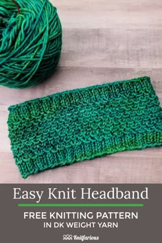 an easy knitted headband is shown next to a ball of yarn