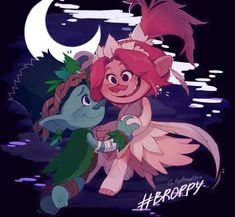 two cartoon characters, one with red hair and the other green in front of a full moon