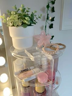 an assortment of beauty products in a clear container