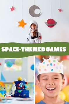 a boy wearing a space themed birthday hat and holding a cake in front of him