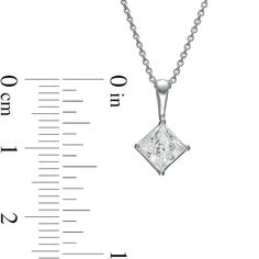 Complete your look with sparkle and shine when you wear this versatile tilted princess-cut lab-created diamond solitaire pendant. Fashioned in 14K white gold The 1 ct. certified princess-cut lab-created diamond solitaire boasts a color ranking of F and clarity of Si2. Lovely worn alone or layered with other chains and necklaces Includes certification card This pendant suspends along an 18.0-inch cable chain that secures with a lobster claw clasp. Princess Cut Diamond Necklace In Fine Jewelry Style, Formal Asscher Cut Solitaire Necklace, Asscher Cut Diamond Necklace For Formal Occasions, Radiant Cut Solitaire Necklace For Formal Occasions, Formal Princess Cut Diamond Solitaire Necklace, Princess Cut Cubic Zirconia Jewelry With Tension Setting, Square Cut Diamond Jewelry With Tension Setting, Diamond Solitaire Pendant, Sparkle And Shine