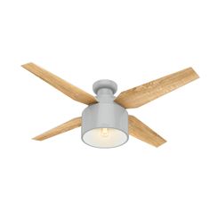 a ceiling fan with two wooden blades and a light bulb on the top of it