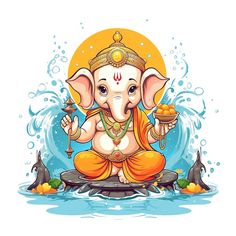 an elephant sitting on top of a body of water holding a bowl with food in it's trunk