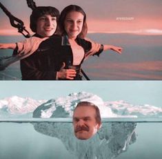 two pictures, one with an iceberg and the other with a man's face