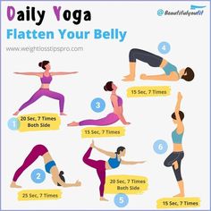 a woman doing yoga poses with the words daily yoga flatten your belly on it