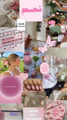 a collage of pink and white images with words on them that say, i love you