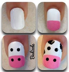 Cow Nails, Animal Nails, Nails For Kids, Great Nails, Nail Swag, Cute Nail Art, Cute Nail Designs, Nail Art Tutorial, Easy Nail Art