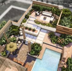 an artist's rendering of a house with a pool and garden area in the middle