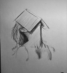 a drawing of a person with a book on top of their head, in profile