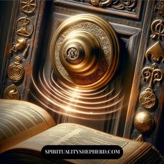 an open book sitting on top of a wooden table next to a golden door handle