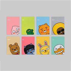 six different colored cards with cartoon characters on them, each one has an animal face