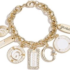 New Brand Guess Style Chain,Charm,Enamel Age Range (Description) Adult Women's Jewelry Gold-Tone Charm Bracelet Lobster Clasp Formal Gold-tone Bracelets With Logo Charm, Gold-tone Bracelet With Logo Charm, Guess Charm Bracelet, Enamel Plates, Gold-tone Metal Bracelets With Logo Charm, Luxury Gold-plated Charm Bracelet With 17 Jewels, Guess Jewelry, Hook Bracelet, Bangles Style