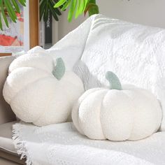 two white pumpkins are sitting on a couch