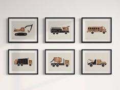 six framed pictures with different types of trucks on them in black and white frames against a wall