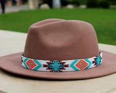 beaded hatband, leather hatband, hatband for cowboy hat, western hat band, navajo hatband, native ha Navajo Pattern, Beaded Hat Bands, Beaded Dog Collar, Beaded Hat, Leather Hat, Leather Workshop, Western Hats, Leather Hats, Loom Patterns